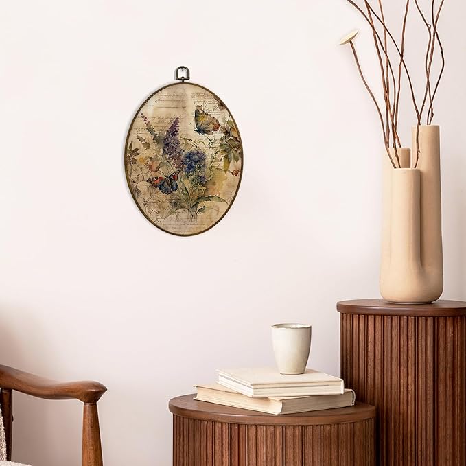 MAQIKA Vintage Butterfly Botanical Oval Framed Wall Art Decor, Butterfly Wall Decor, Wildflower Oval Wall Hanging Decor, Farmhouse Butterflies Canvas Prints Wall Art for Office Bedroom, 8.7x11.3 Inch