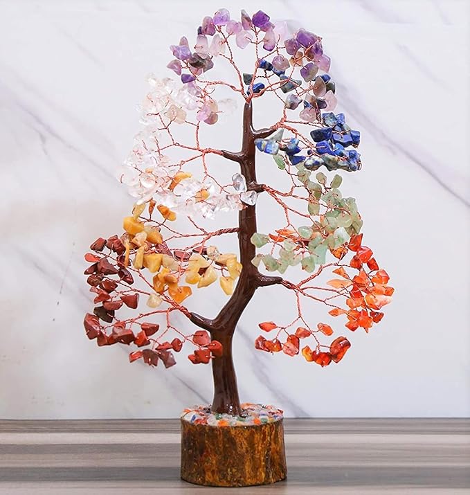 Crocon Chakra Tree of Life Gemstone for Positive Energy Seven Chakra Crystal Tree Healing Stones Feng Shui Money Bonsai Attract Good Luck Home Decoration Ornament Spiritual Gift
