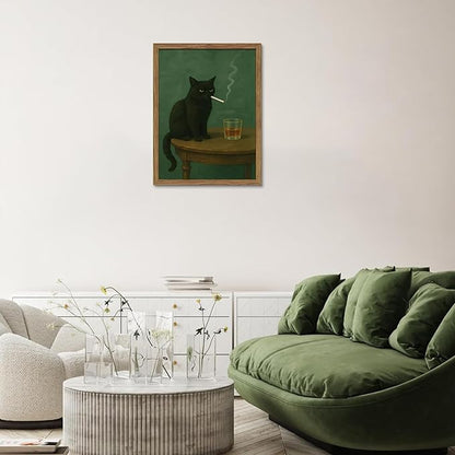 Framed Moody Black Cat Wall Art, Dark Humor Wall Decor, Vintage Whiskey Cat Poster Canvas Print, Funny Black Cat Picture Artwork Decor for Living Room Bedroom Office – 12x16 inch