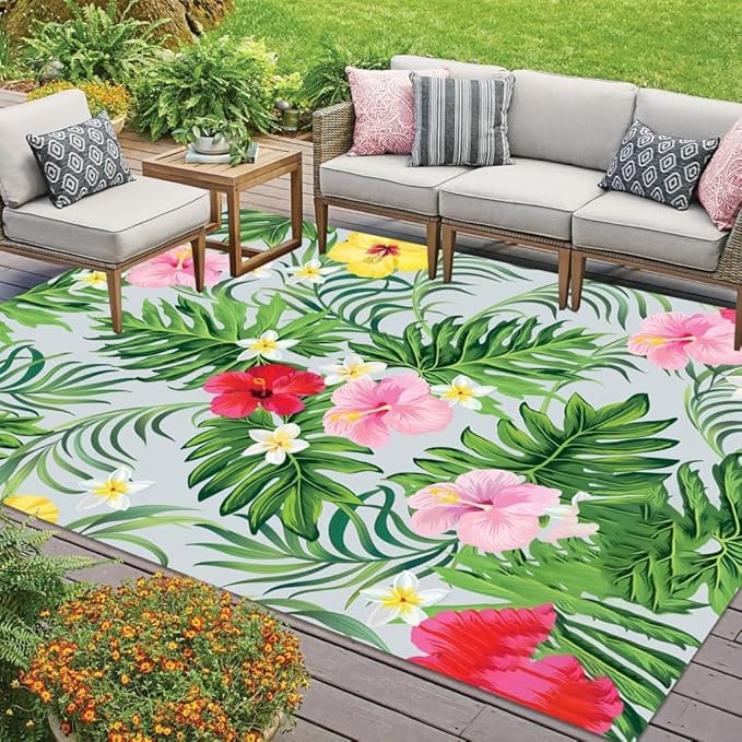 Palm Monstera Leaves Flowers Print Waterproof Washable Patio Backyard Outdoor Area Rug 7x12 Green Pink Tropical Theme Outside Rug for Balcony Porch RV Camping No Skid Floorcover Runner Carpet