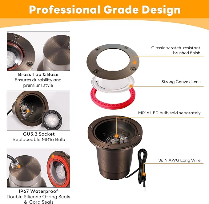 Gardenreet Brass Well Lights 12V - Ip67 Low Voltage Outdoor Light, LED Hardwired In-Ground Lighting, Antique Bronze for Lawn Pathway Wall Without MR16 Bulb (12 Pack)