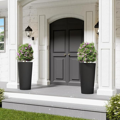 Tall Outdoor Planter Front Porch Decor Set of 2-23.6" H Tall Planters for Outdoor Plants with Drainage Hole, Round Conical Design Flower Pots for Indoor/Patio/Garden, Black