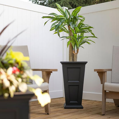 Mayne Fairview 28-Inch Self-Watering Tall Planter with Reversible Planter Insert, Classic Inset Panels, New England Architecture Design, UV & Weather Resistant, Indoor/Outdoor Use, Black