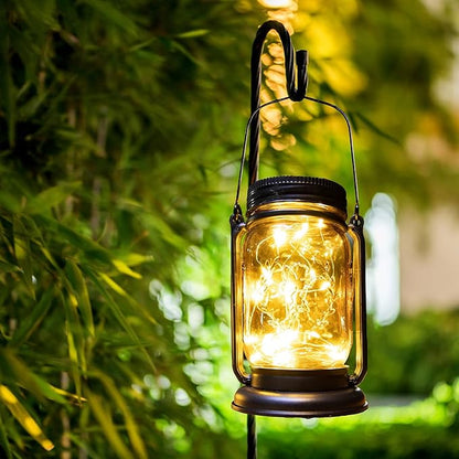 4 Pack Hanging Solar Lantern Lights,Gifts for Woman Mom Grandmom, Vintage Glass Mason Jar Solar Fairy Lights,Outdoor Decorative Waterproof Table Lamp with Stakes for Patio Yard Lawn Tree