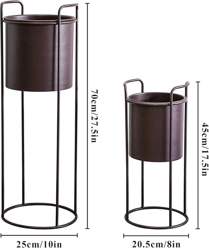 TRIROCKS Set of 2 Planters with Stand Large Metal Planter for Indoor Plants 28 &18" H Plant Pots for Living Room Corner Kitchen Office Garden Balcony Patio Decor(Brown)
