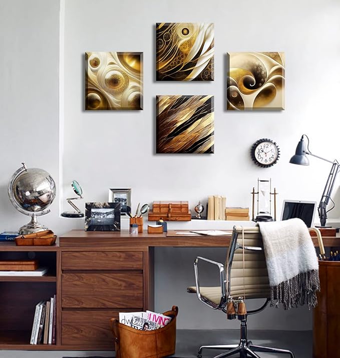 BLINFEIRU Modern Gold Abstract Canvas Wall Art Black and Gold Wall Decor for Living Room Bedroom Abstract Painting Pictures Home Office Artwork Framed Ready to Hang 12x12 Inch