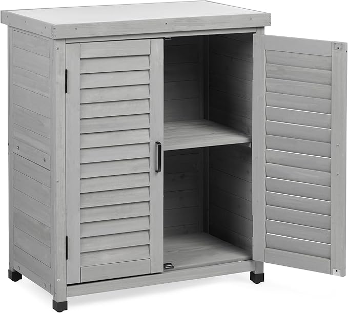 Potting Bench with Storage Cabinet and Metal Table Top for Outdoor Patio, Garden Furniture Wood Workstation