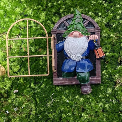 Gnome Open The Door Garden Decor Resin Tree Faces Decor Outdoor Fairy Garden Patio Lawn Porch (Blue)