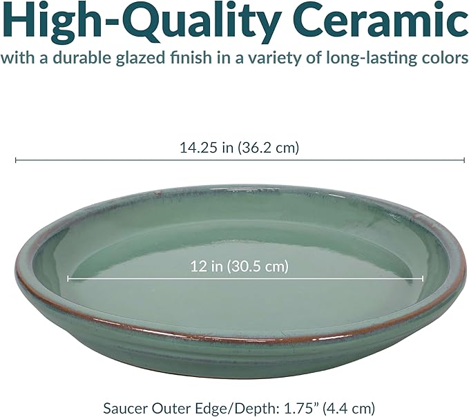 Sunnydaze 12-Inch Ceramic Plant Saucers - Plant Drip Trays for Outdoor Planter Flowerpot Drainage - Set of 4 - Seafoam