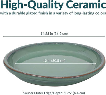 Sunnydaze 12-Inch Ceramic Plant Saucers - Plant Drip Trays for Outdoor Planter Flowerpot Drainage - Set of 4 - Seafoam