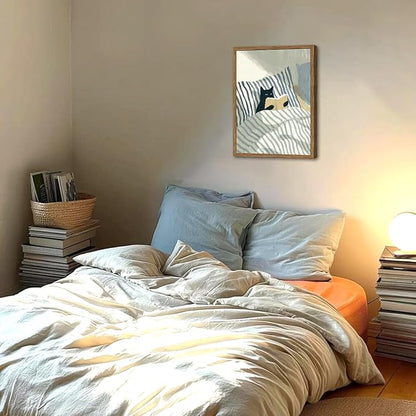 Funny Black Cat Wall Art Painting, Whimsical Cat in Stripe Bed Reading Wall Decor, Cute Animal Book Lover Blue and White Poster Canvas Prints for Bedroom Living Room 16x24 inch Wood Framed