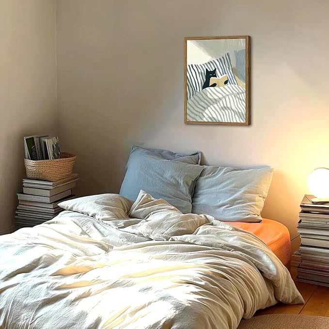 Funny Black Cat Wall Art Painting, Whimsical Cat in Stripe Bed Reading Wall Decor, Cute Animal Book Lover Blue and White Poster Canvas Prints for Bedroom Living Room 12x16 inch Wood Framed