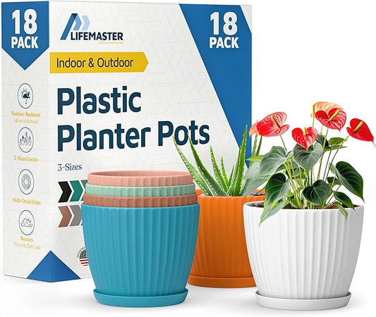 Multicolor 6-Inch Plant Pots with Drainage & Saucers 18 Pack, Indoor & Outdoor Planters for Houseplants, Herbs, and Flowers, Durable & Weatherproof Material, Stackable, Lightweight, Minimalist Design