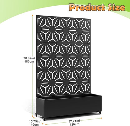 Metal Raised Garden Bed with Trellis, 2 in 1 Trellis with Planter Box & Privacy Screen for Climbing Plants, Vine, Outdoor Standing Flower Beds with Drainage Holes,47.2"L x 16.7"W x 70.8"H,(Black-Star)