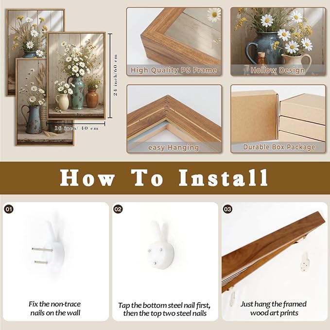 ANHUIB Vintage Floral Wall Art Rustic Farmhouse Flower Wall Decor Daisy Botanical Painting 16x24 Inch Set of 3 for Living Room Bedroom