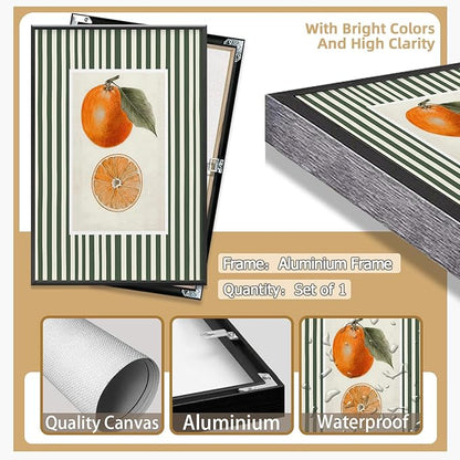 Vintage Green Striped Orange Fruit Canvas Wall Art Modern Farmhouse Botanical Kitchen Food Prints Posters Minimalist Colorful Aesthetic Pictures Boho Decor for Bedroom 20x30inch Metal Black Frame