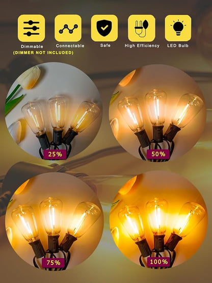 DAMAING Outdoor String Lights Weatherproof 400FT shatterproof connectable Patio Lights for Outside 4 Pack x 100FT with 208 Vintage dimmable LED Edison Bulbs,Hanging Lights for Garden,Balcony