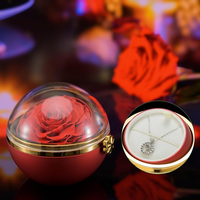 Preserved Real Red Rose with “I Love You” Necklace 100 Languages, Romantic Rose Gifts for Women, Mom, Wife, Girlfriend, Birthday, Anniversary, Mothers Day
