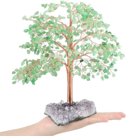 Gemstone Crystal Tree of Life, Natural Green Aventurine Jade, Chakra, Amethyst Geode Cluster, Positive Energy Healing Crystals, Feng Shui Decor Bonsai Money Tree, Size 10"-12