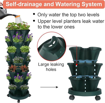 GameXcel Vertical Planter 7 Tier Stackable Planters Garden Planters Strawberry Herb Flower and Vegetable Planter Indoor Outdoor Gardening Pots with Removable Wheels and Tools