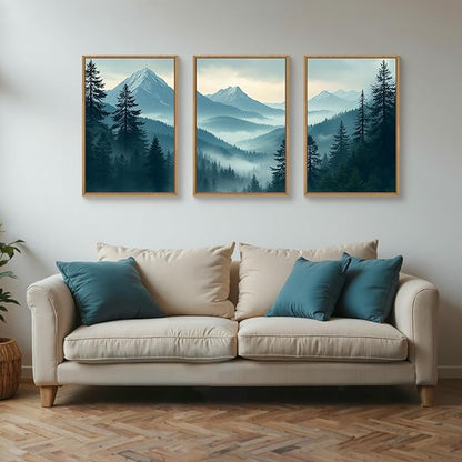Large Misty Mountain Forest Framed Canvas Wall Art,Nature Pine Tree Wall Decor,Foggy Snow Woodland Painting,Watercolor Scenery Artwork for Living Room,Bedroom,Dining Room,Office -16"x24"x3