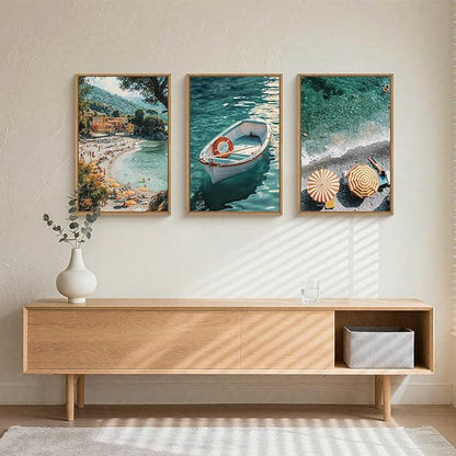 Natural Coastal Ocean Framed Canvas Wall Art Set,Mediterranean Amalfi Blue Green Beach Seascape Decor,Modern Summer Seaside Boat & Umbrella Artwork for Living Room,Bedroom,Farmhouse- 16"x24"x3