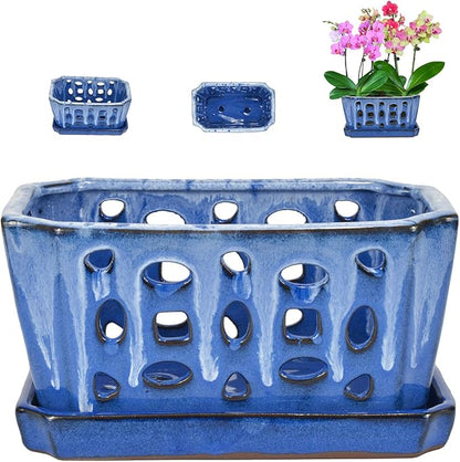 W&W Orchid Pot with Holes and Saucer for Repotting, White and Blue, 9.7 Inches