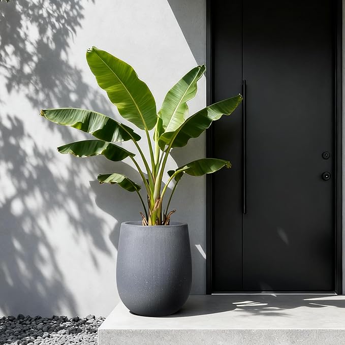 Worth Garden Large Dark Gray Round Planter, 12.5" x 18.5" Lightweight Magnesium Oxide Cement Plant Pot with a Striped Textured Finish, Raised Pattern Concrete Look, Drainage Hole, Indoor & Outdoor