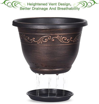 Plastic-Plant-Flower-Planters-8 Inch With Drainage Hole & Saucer, 6 Packs Lightweight Small Resin Flower Pot Indoor Outdoor, Retro Antique Imitation Decorative Garden Containers Sets For Houseplants