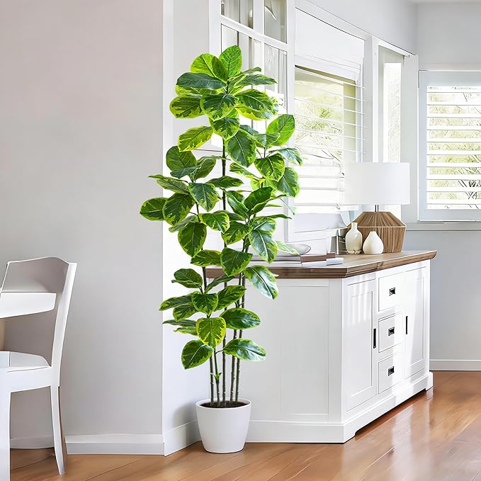 Ficus Tree Artificial Plants Indoor, 6FT Tall Fake Trees in White Pot, Large Potted Silk Floor Plant Artificial Trees, Green Lifelike Faux Ficus Tree for Home Room Office Porch Decor-Yellow