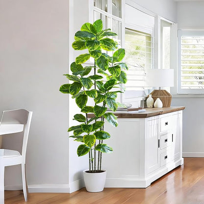 Ficus Tree Artificial Plants Indoor, 6FT Tall Fake Trees in White Pot, Large Potted Silk Floor Plant Artificial Trees, Green Lifelike Faux Ficus Tree for Home Room Office Porch Decor-Yellow