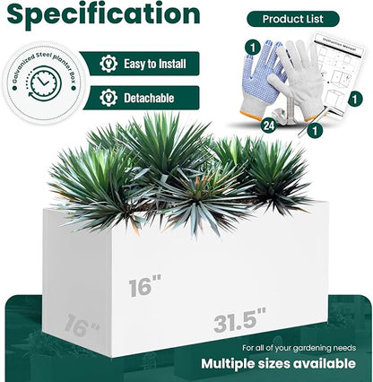 White Steel Rectangular Planter Metal Outdoor Indoor Planter Box 31.5" L x 16" W x 16" H Galvanized Steel Large Rectangle Planters Modern Commercial Residential for Trees Patio Yard Garden