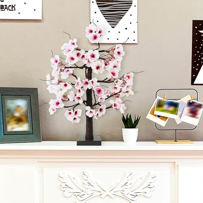 Uieke 24IN Lighted Cherry Blossom Tree 24 Warm White LED Tabletop Artifical Bonsai Tree with Timer Battery Operated for Wedding Party Spring Christmas Home Indoor Japanese Room Decor