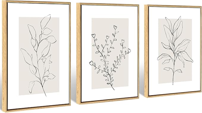 WRFON Neutral Botanical Canvas Wall Art, Minimalist Black Line Flower Poster Prints, Boho Beige Floral Wall Decor, Abstract Plant Leaf Aesthetic Picture for Bedroom Living Room Framed 16"x24"x3