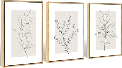 WRFON Neutral Botanical Canvas Wall Art, Minimalist Black Line Flower Poster Prints, Boho Beige Floral Wall Decor, Abstract Plant Leaf Aesthetic Picture for Bedroom Living Room Framed 16"x24"x3