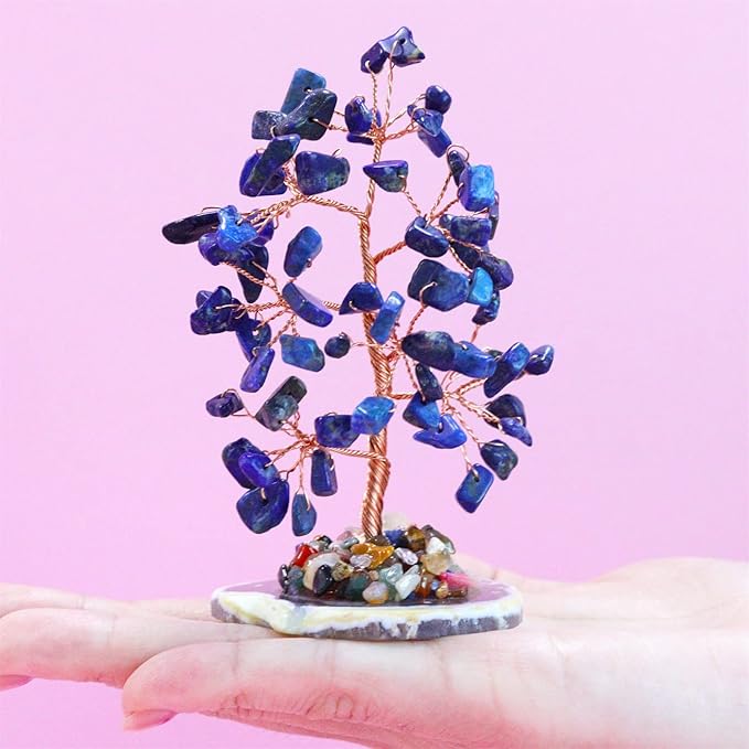 Lapis Lazuli Healing Crystal Tree of Life Natural Gemstone Agate Slice Base Copper Wire Wrapped Money Trees Feng Shui Spiritual Energy Decorations Home Office Room Desk Decor Gifts for Women Men