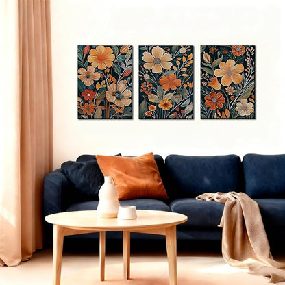 Kdyudo 3 pcs Vintage Orange Floral Framed Canvas Wall Art, Medieval Modern Floral Paintings, Natural Botanical Artwork, Bohemian Neutral Botanical Decorative Artwork, Living Room, Office, Office, 16x24 Inch