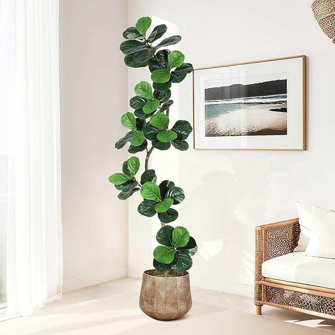 GarveeHome Fiddle Leaf Fig Artificial Tree with White Planter,7 ft Faux Plants Indoor with Moss, Fake Rubber Tall Fake Floor Plant in Pot - Artificial Trees for Home Office Living Room Decor