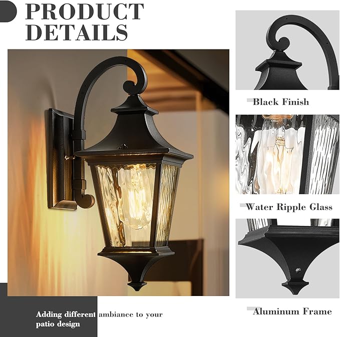 Emliviar 2-Pack Farmhouse Lantern Wall Sconces, 15" Wall Mount Outdoor Lights, Black Finish with Water Ripple Glass, XE292B-2PK-SW BK