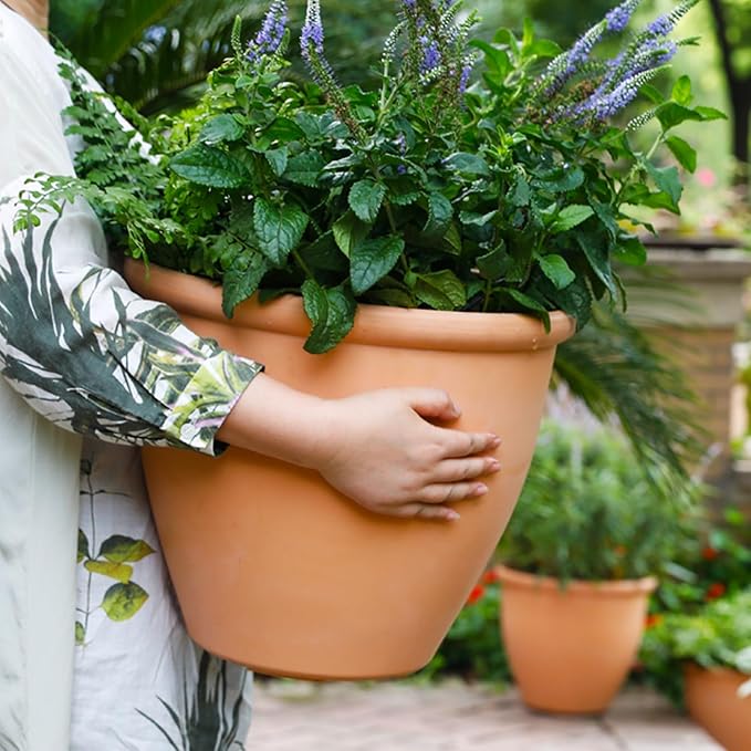 Worth Garden 2-Pack 15" Dia. Round Planters - Large Plastic Plant Pots with Drainage Hole for Indoor & Outdoor Use- Lightweight Decorative Flower Tree Containers for Porch, Patio, Yard, or Deck