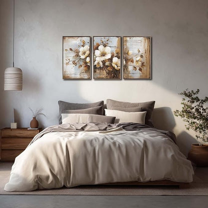 YCJKJDZ Framed Dark Floral Canvas Wall Art Set of 3, Neutral Fall Plant Bohemian Vintage Moody Flower Wall Decor Artwork for Farmhouse Bedroom Living Room Office, 20x30 inches