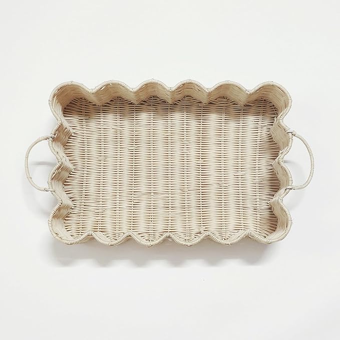 Scalloped Rattan Tray Basket,17"*12"*4" Super Hard Rectangle Hand Woven Wicker Serving Tray with Handles, Seagrass Decoratve Tray for Coffee Table (Rattan-Off White-17 * 12 * 4")