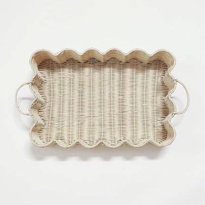 Scalloped Rattan Tray Basket,17"*12"*4" Super Hard Rectangle Hand Woven Wicker Serving Tray with Handles, Seagrass Decoratve Tray for Coffee Table (Rattan-Off White-17 * 12 * 4")
