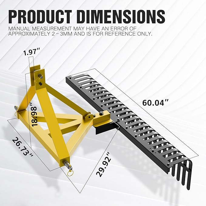 60" 3 Point Rock Rake for Tractors, Heavy-Duty Landscape Rake with 360° Rotation, Category 1 Hitch Attachment, Tow-Behind Pine Straw Harrow for Garden, Lawn Care, Farm, Black & Yellow
