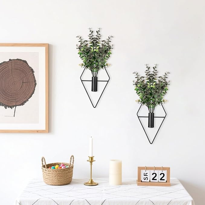 Wall Decor Hanging Planters with Artificial Plants, Modern Metal Wall Planter Set with Greenery Eucalyptus, Geometric Fake Plants for Black Decor Living Room Aesthetic (2 Pcs)