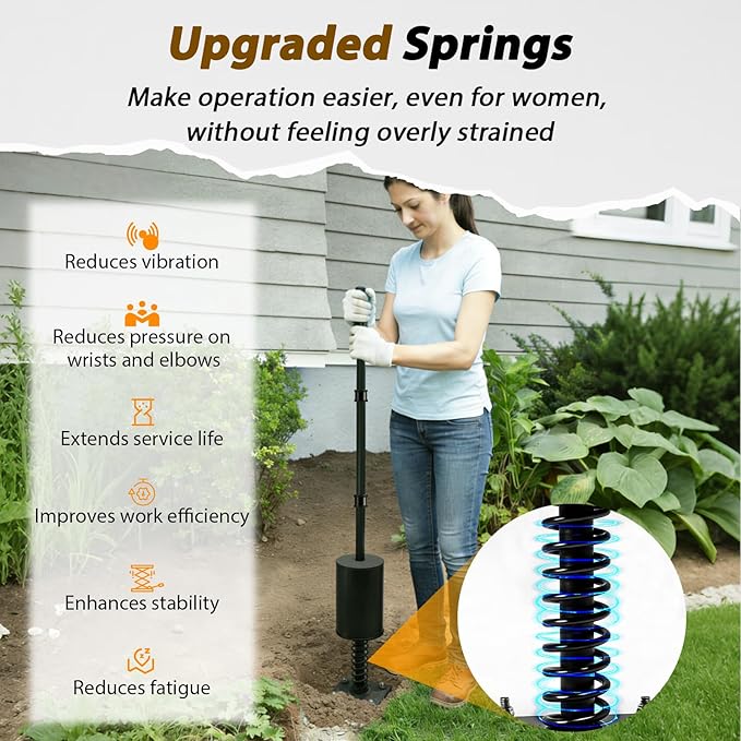 Heavy Duty Steel Tamper Tool with 51 Inch Adjustable Handle, Fillable Base, Buffer Spring, Steel Tamper for Efficient Leveling Soil, Asphalt, Driveways, Landscaping, Yard, Sand, Driveway