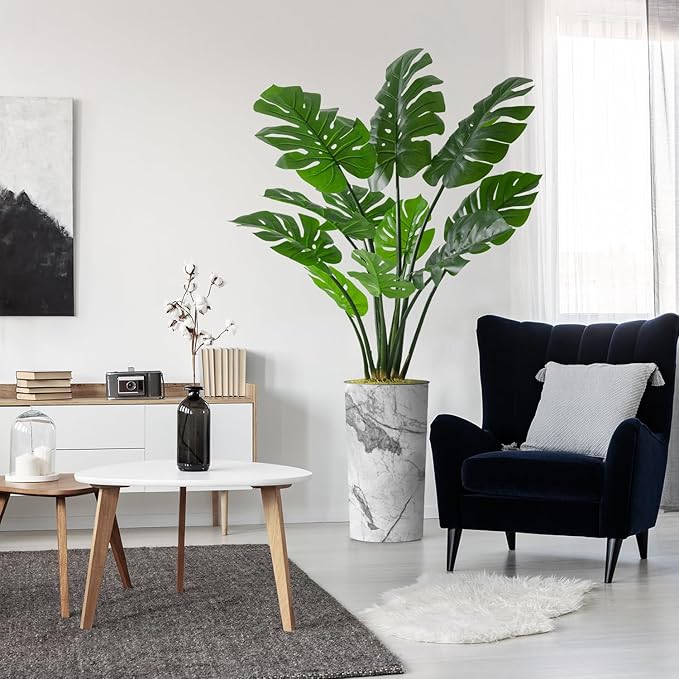 Artificial Tree in Gray Marble Effect Planter, Fake Monstera Silk Tree for Indoor and Outdoor Home Decoration - 65" Overall Tall (Plant Pot Plus Tree)