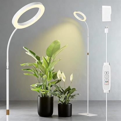 One Head Grow Light for Indoor Plants Full Spectrum - Floor Standing Plant Lamp with Auto Timer 6/12/18H, 5-Level Dimmable & Adjustable Height 16.5-68in for Large Tall Plants | White