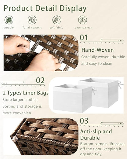 Storage Basket with Lid Rattan Storage Basket with 2 Separate Lid, 27.8 Gallon (105 L) 25.2 * 15.4 * 16.1 Inches Woven Wicker Baskets with 2 Liners and Handles for Bedroom Laundry-Brown