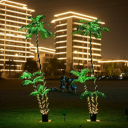 Solar Artificial Palm Tree Christmas Tree 7Ft 3Trunks 260LED Lighted Simulation Tropical Palm Tree Fake Plant Light for Patio Home Office Beach Yard Cruise Party Tiki Bar Decorations